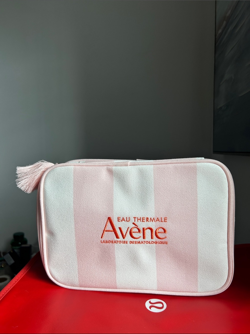 Avene Pink & White Striped Cosmetic Pouch
